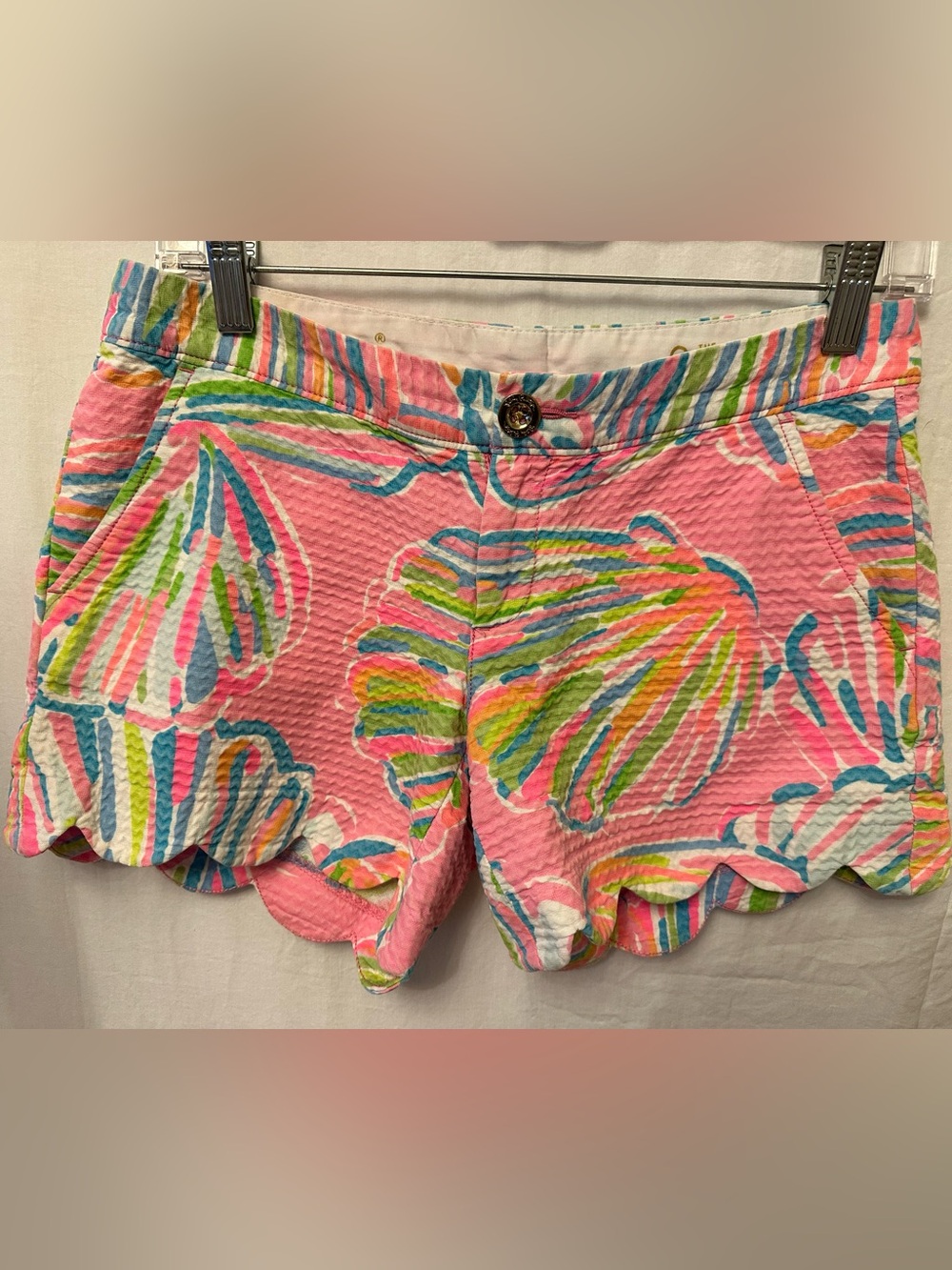 Lilly Pulitzer Buttercup Shorts Tropical Palm Scallop Hem Textured Cotton Size 0